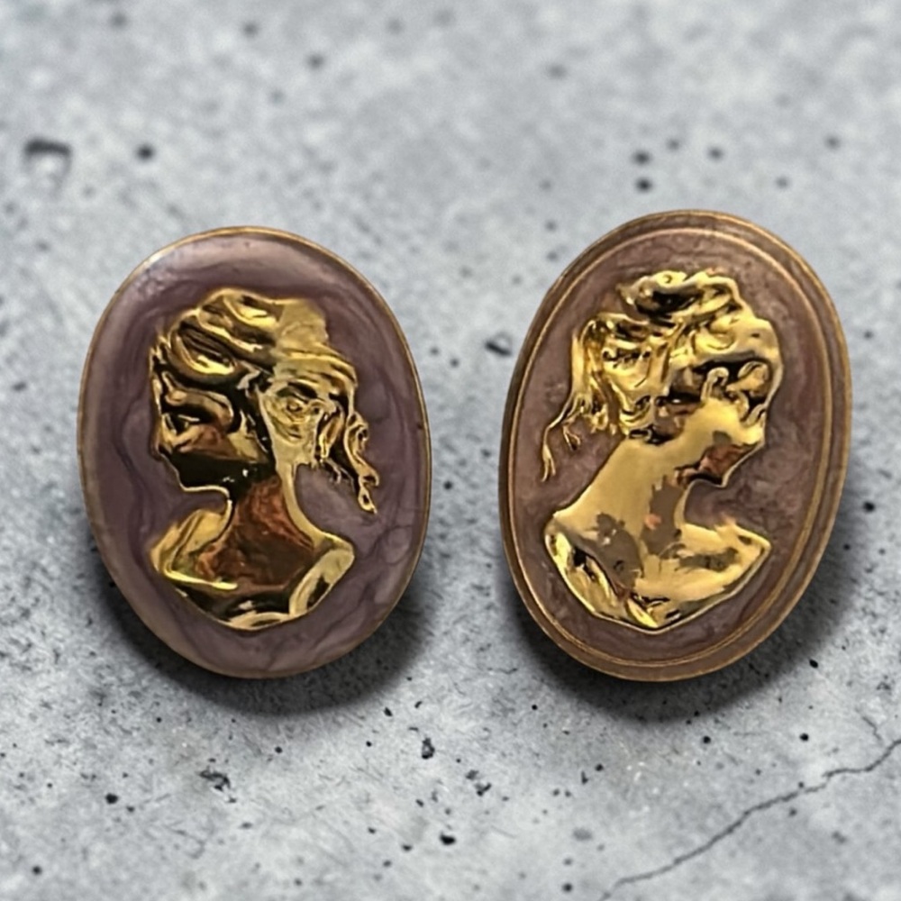 Vintage Signed Cameo Earrings with Gold Purple Enamel Accents